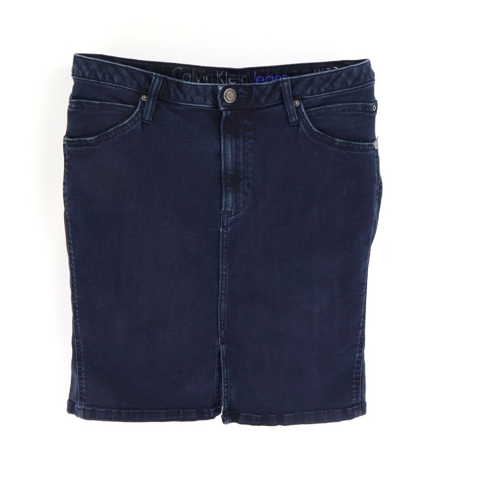 Calvin Klein Jean Skirt Womens Sz 32 Blue Dark Wash Denim Cotton Stretch Pockets